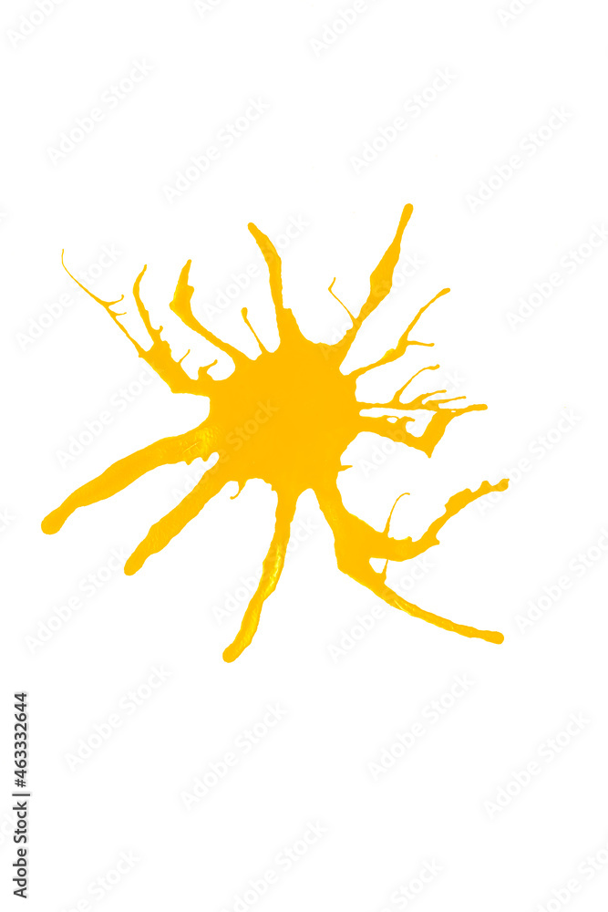Orange-yellow ink splash, brush stroke, black ink blot isolated on white background. Orange-yellow ink splash, brush stroke, black ink blot isolated on white background.