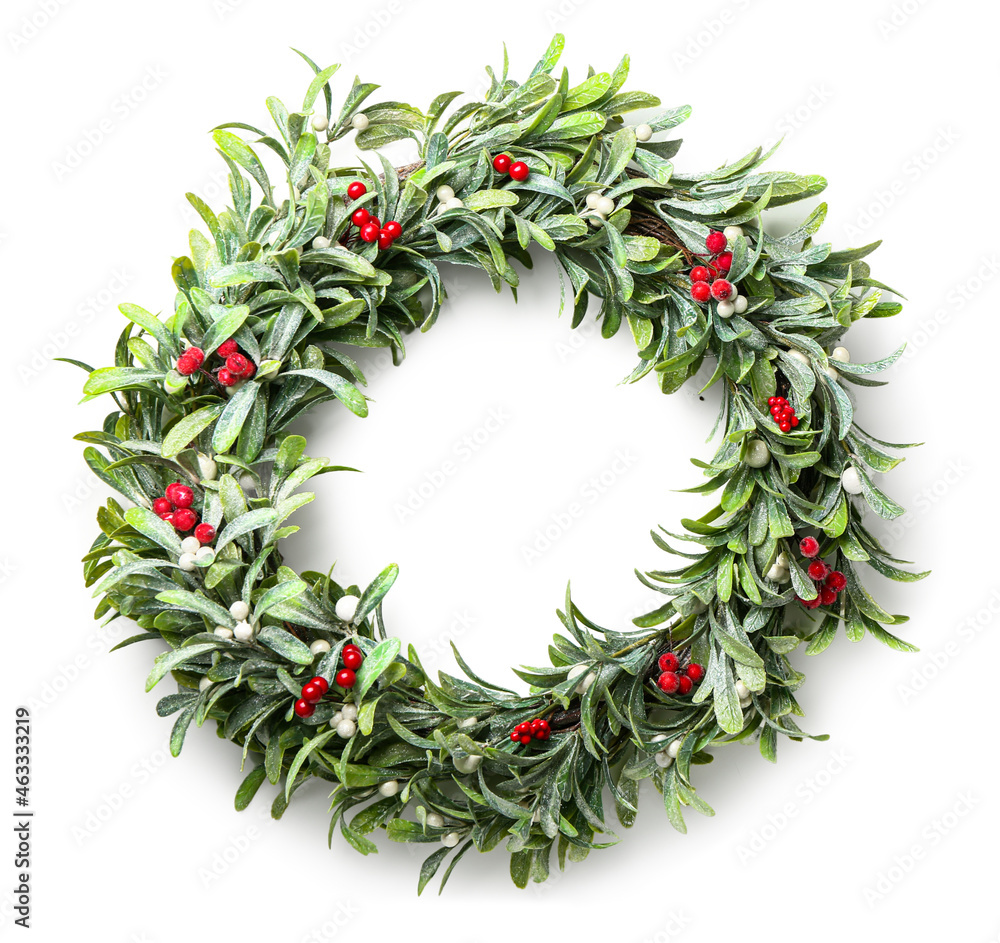 Beautiful mistletoe wreath on white background Stock Photo | Adobe Stock