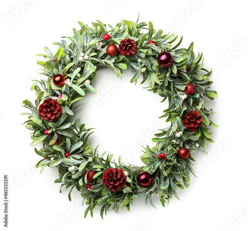 Beautiful mistletoe wreath on white background