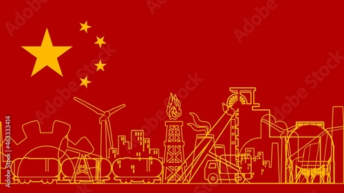 Flag of China and industrial thin line icons