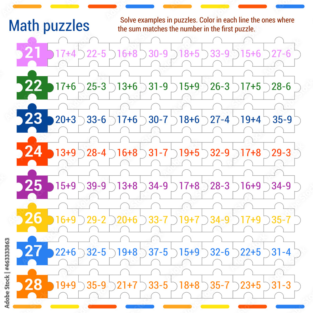  Math puzzle game. Solve the examples in the jigsaw puzzles. Color in each row the ones in which the sum matches the number in the first puzzle