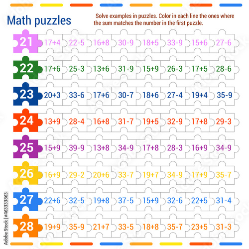  Math puzzle game. Solve the examples in the jigsaw puzzles. Color in each row the ones in which the sum matches the number in the first puzzle