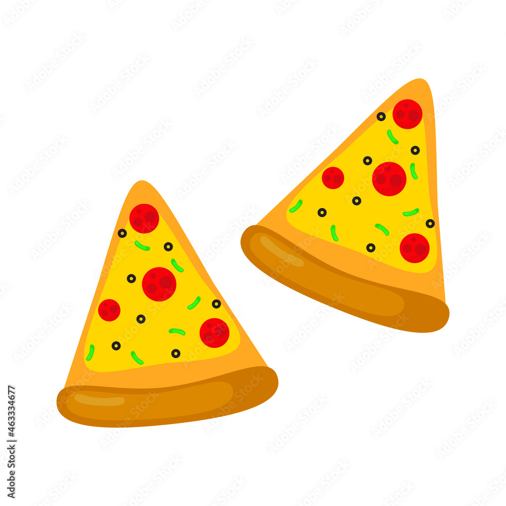 Vector Illustration of triangular pizza slices. Simple food icon in sliced pizza isolated on white background for web apps and mobile concept. isolated on white background, simple design. two slices Vector Illustration of triangular pizza slices. Simple food icon in sliced pizza isolated on white background for web apps and mobile concept. isolated on white background, simple design. two slices