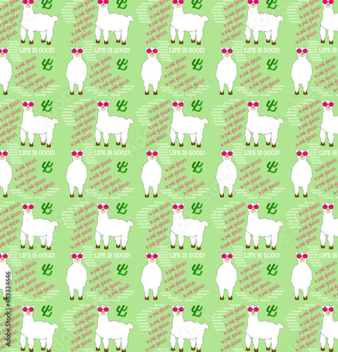 A seamless pattern with lama in pink glasses and cactus, vector illustration 