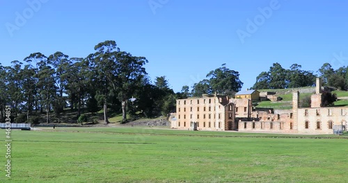 Left to right pan motion of UNESCO World Heritage-listed Port Arthur Historic Site, 30 buildings, ruins and restored homes from the prison's establishment in 1830 till its closure in 1877, Tasmania
