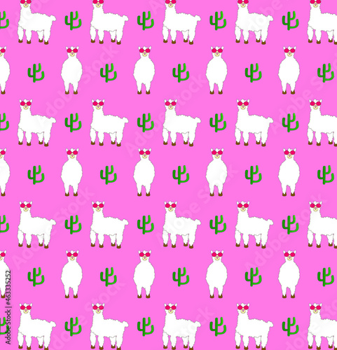 Fototapeta Naklejka Na Ścianę i Meble -  seamless pattern with lama and cactus on pink background in vector