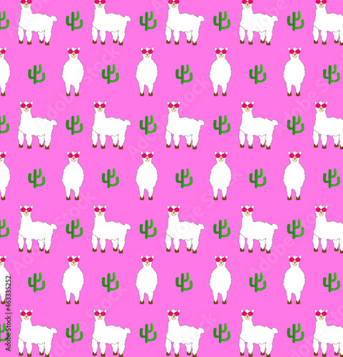 seamless pattern with lama and cactus on pink background in vector