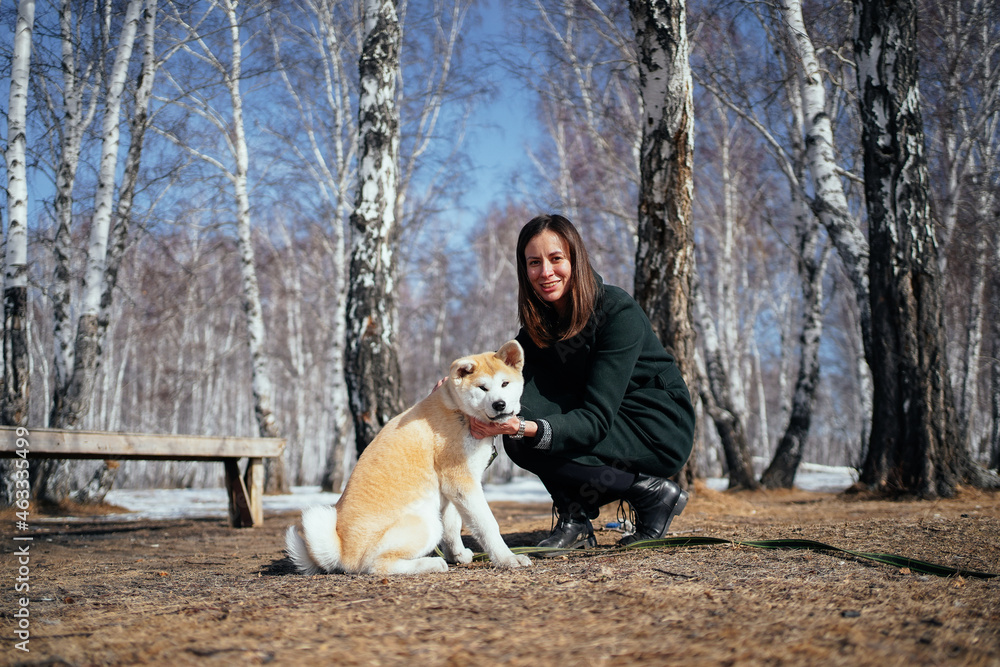 Smiling caucasian woman with brown hair in dark-green coat and an Akita Inu puppy with chubby cheeks sits on ground in a winter birch park looking at the camera. Walking outside with your beloved pet Smiling caucasian woman with brown hair in dark-green coat and an Akita Inu puppy with chubby cheeks sits on ground in a winter birch park looking at the camera. Walking outside with your beloved pet