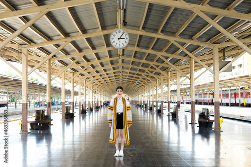 Photography Fashion 20s Asian Woman wear cream luxury coat dress with gold line