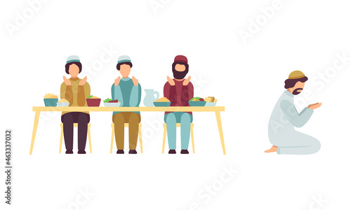 Muslim People Character in Traditional Clothing Praying and Dining at Table Vector Illustration Set