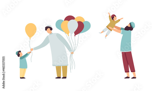 Muslim People Character in Traditional Clothing Playing with Kid and Giving Balloon Vector Illustration Set