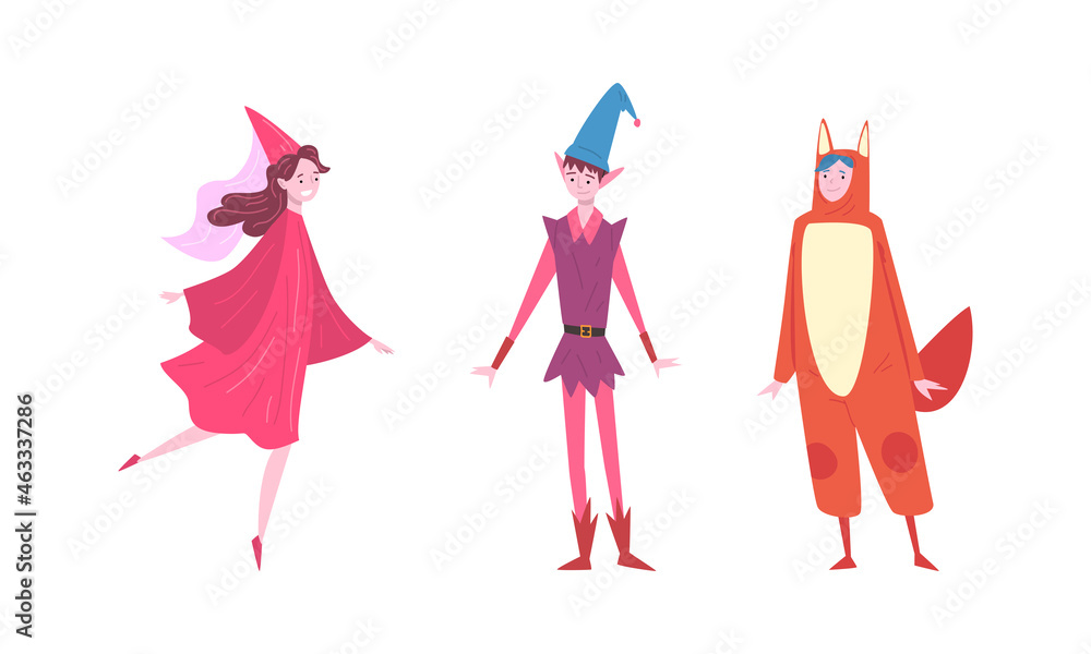 Young Man and Woman Wearing Costume of Elf and Fairy Disguised in Masquerade Outfit Vector Set Young Man and Woman Wearing Costume of Elf and Fairy Disguised in Masquerade Outfit Vector Set