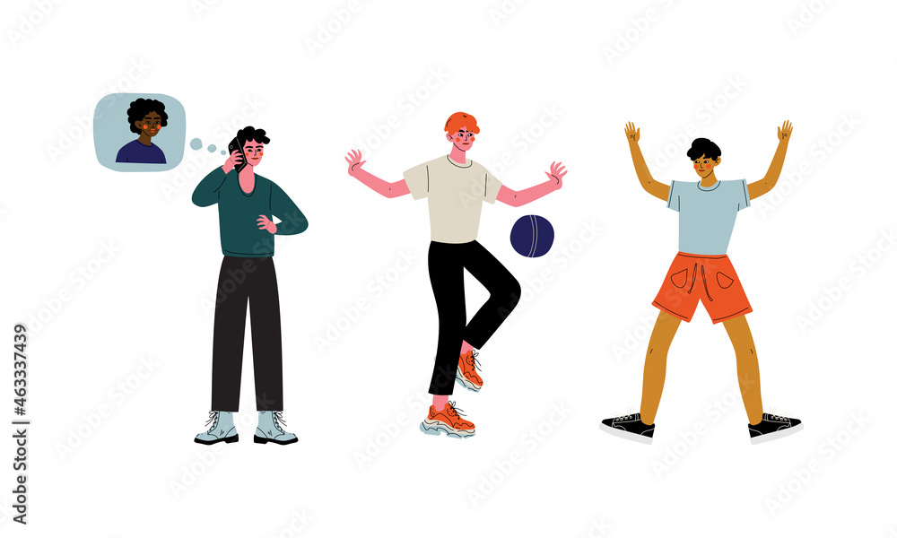 Male and Female Friend Spending Time Together Playing Ball and Speaking by Smartphone Vector Set