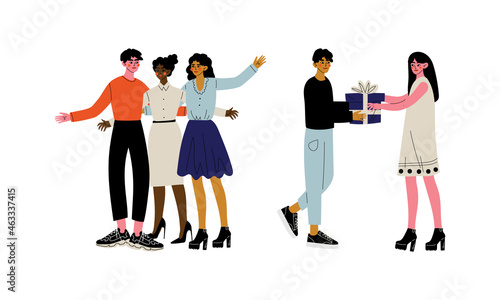 Male and Female Best Friend Spending Time Together Embracing and Giving Gift Box Vector Set