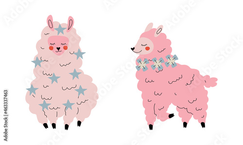 Pretty Wooly Llama or Alpaca as Adorable Fairy Animal Vector Set