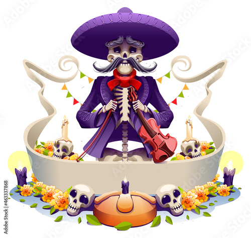 Dia de los muertos mexican holiday skeleton old man musician violin. Day of Dead greeting card
