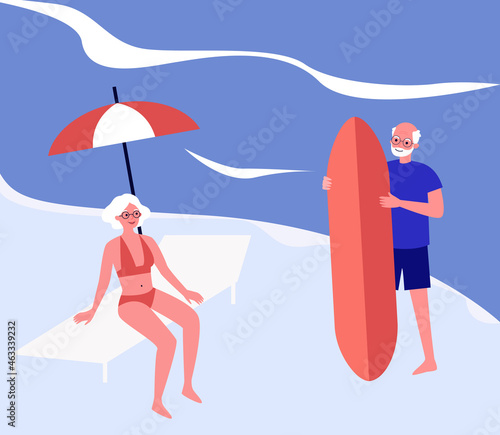 Elderly surfers with surfboard on summer vacation. Aged active man and woman on beach flat vector illustration. Healthy activity of seniors concept for banner, website design or landing web page