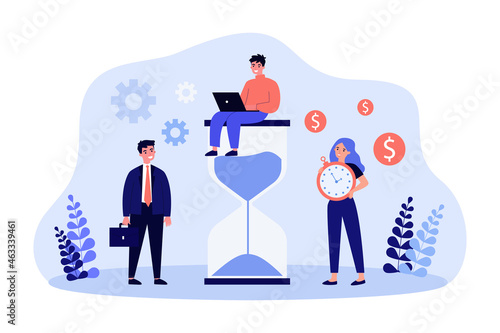Business people standing near hourglass with clock. Man working with laptop flat vector illustration. Time management, productivity, deadline concept for banner, website design or landing web page
