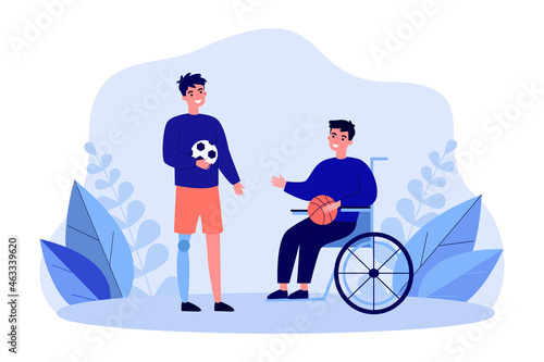 Athletes in wheelchair play basketball and football. Active disabled men training with balls flat vector illustration. Paralympics game, sport concept for banner, website design or landing web page