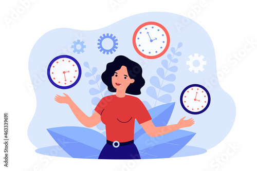 Businesswoman standing with clocks. Woman working in different time zones flat vector illustration. World business, global international time concept for banner, website design or landing web page