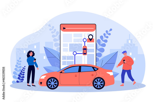 People holding smartphones with gps map. Tiny man and woman using mobile app for tracking car flat vector illustration. Navigation service concept for banner, website design or landing web page