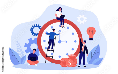 Business people controlling working hours. Tiny businessman standing on ladder near clock flat vector illustration. Productivity, time control concept for banner, website design or landing web page photo