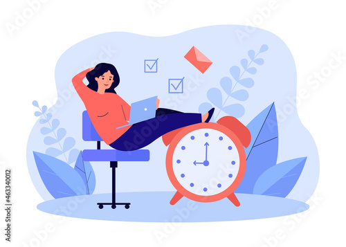 Businesswoman sitting on big clock, ready for deadline. Tiny woman working with laptop flat vector illustration. Effective work, productivity concept for banner, website design or landing web page
