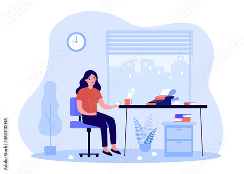 Pensive writer with creative crisis. Writing process of woman sitting with typewriter on desk flat vector illustration. Problem with imagination concept for banner, website design or landing web page