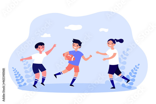 Team of kids playing rugby or American football. Girl and boys running on field with ball flat vector illustration. Childhood, sport activity concept for banner, website design or landing web page