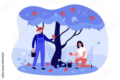Gardeners picking apples in autumn farm orchard. Man and woman holding fruit harvest baskets flat vector illustration. Gardening, harvesting concept for banner, website design or landing web page
