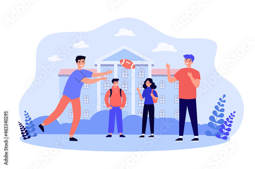 Children playing American football or rugby outdoors. Girl and boys throwing ball in schoolyard flat vector illustration. Childhood, sport concept for banner, website design or landing web page