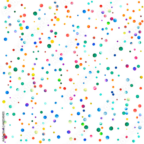 Watercolor confetti on white background. Admirable rainbow colored dots. Happy celebration square colorful bright card. Beautiful hand painted confetti.