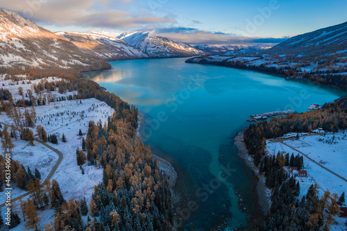 Aerial view of the winter landscape in Kanas lake  Xinjiang province  China.