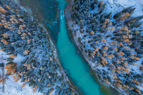 Aerial view of the winter landscape in Kanas lake, Xinjiang province, China. photo