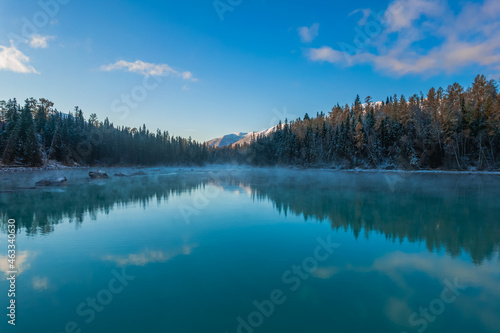 Aerial view of the winter landscape in Kanas lake, Xinjiang province, China.