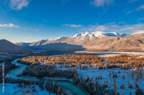 Aerial view of the winter landscape in Kanas lake, Xinjiang province, China. photo