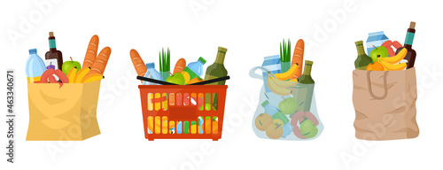 Shopping paper or plastic bags and basket with products such as milk, bread, breakfast food. Cartoon vector illustration set. Can be used as logo of food delivery, grocery store, supermarket, charity