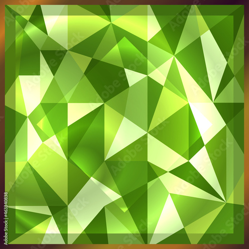 Square green gem emerald in golden frame. Shiny precious gemstone background. Abstract beautiful gemstone texture in deep and sparkling shades of green. Vector illustration.