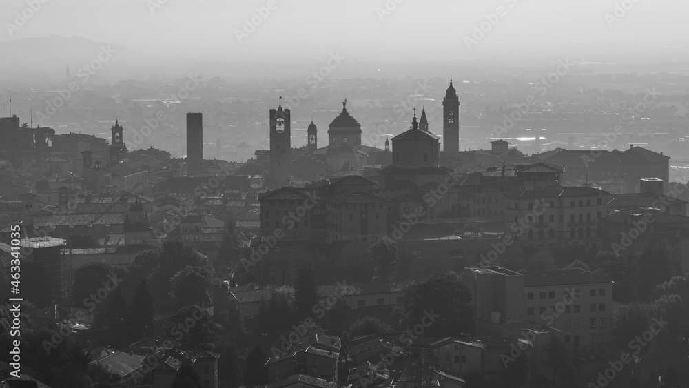 Bergamo, Italy. Amazing aerial landscape of the old town. Humidity and pollution in the air. Fall season. Morning time. Bergamo, one of the most beautiful city in Italy