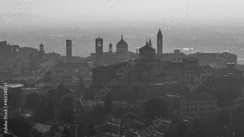 Bergamo  Italy. Amazing aerial landscape of the old town. Humidity and pollution in the air. Fall season. Morning time. Bergamo  one of the most beautiful city in Italy