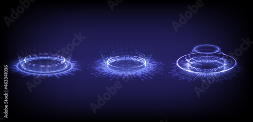 Sci-fi digital high-tech collection in glowing HUD elements interface. Hologram portal of science futuristic technology. Magic warp gate in game fantasy. Teleport podium of sound wave and music radio