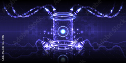 Technology science engineering. Futuristic lab or room for research analysis data. 3D HUD interface. Stage, podium and gate hologram for UI, GUI and Web presentation
