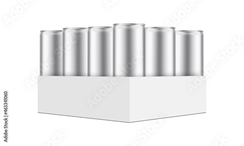 Pack with Metallic Cans Mockup for Fitness Energy Drink, Isolated on White Background. Vector Illustration