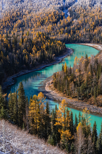 Autumn landscape of Kanas river and forest, in Xinjiang province, China.