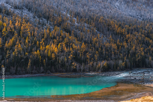 Autumn landscape of Kanas river and forest, in Xinjiang province, China. photo