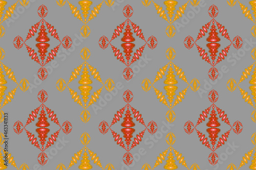 Ikat geometric folk ornament red-brown  ethnic fabric pattern seamless tribal in aztec style  curtain  tribal embroidery  indian  folk pattern  cyan background cloth patter
