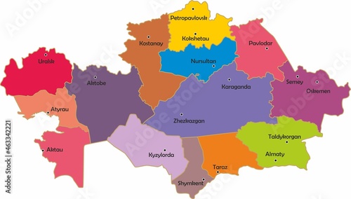 Vector administrative map of Kazakhstan. Colored country. State with regions and major cities
