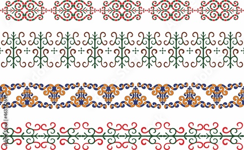 Vector set of seamless Yakut national ornaments. Colored endless Asian patterns, patterns and frames. Home decorations, carpets and ceramics. Traditions of northern peoples, people of the tundra
