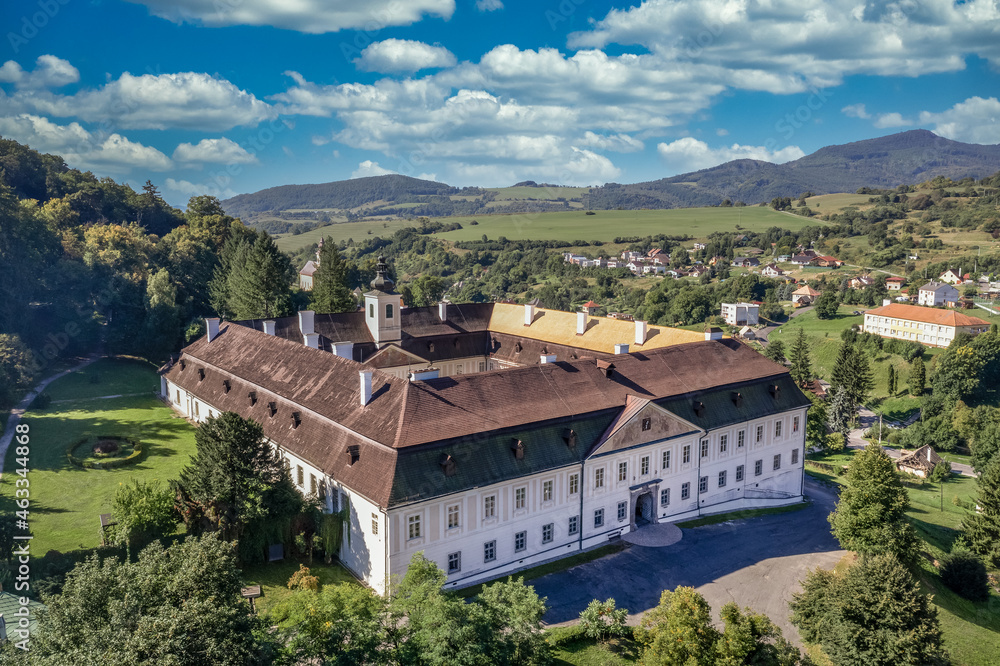 Aerial view of the baroque style manor house in Svaty Anton Antol near Banska  Štiavnica wealthy four wing noble residence in Slovakia 