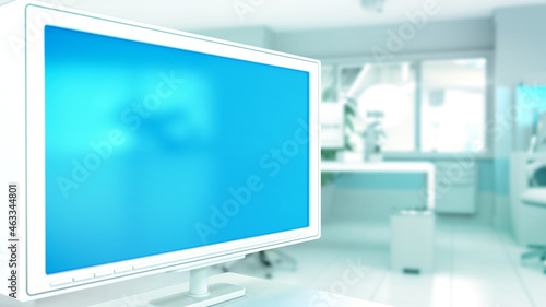 cute mockup - blue screen monitor in office with free place - computer generated object 3D illustration